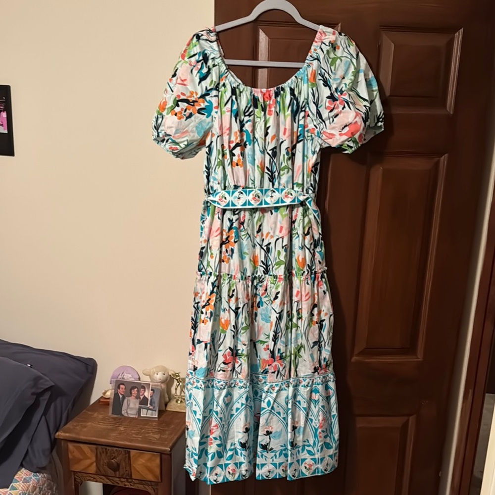 Crown & Ivy Blue and White Pleated Tie Front Sundress